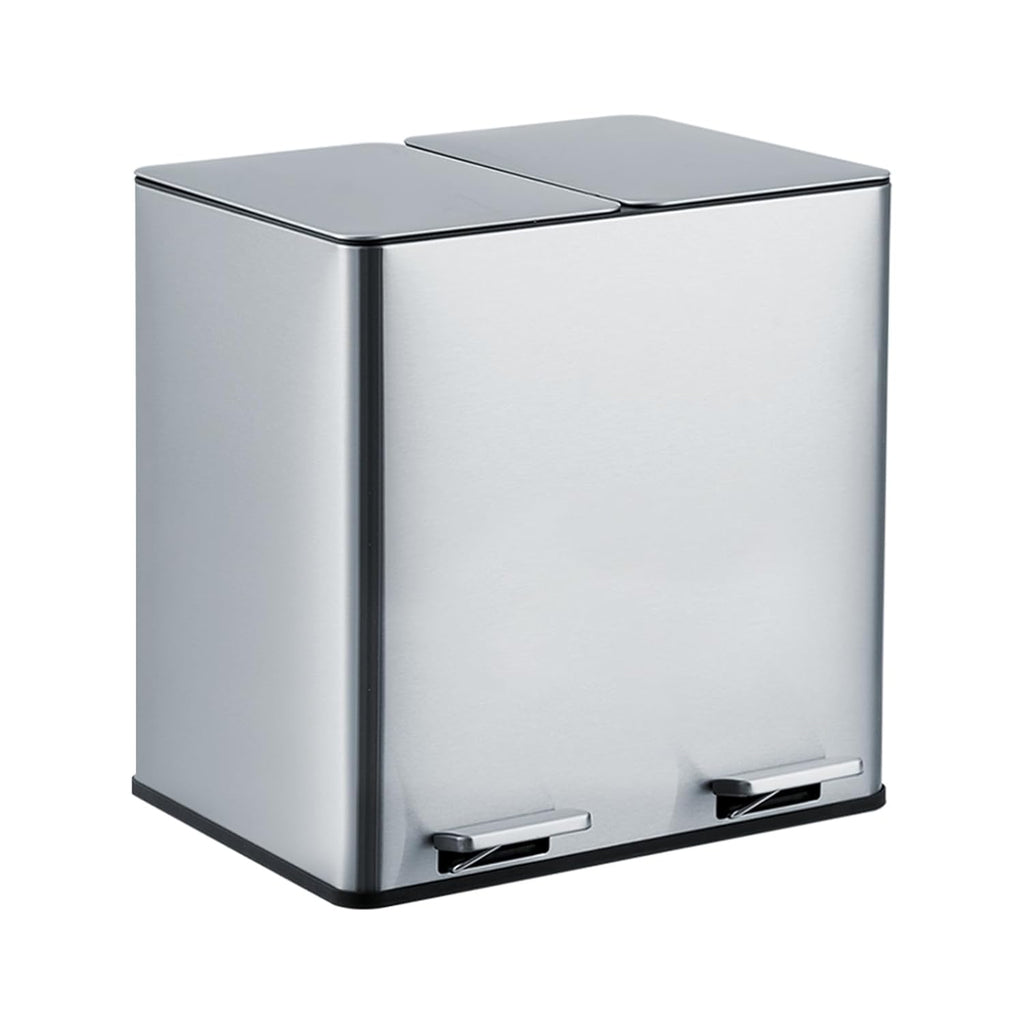 GarveeHome Dual Trash Can, 2x4 Gallon (2x15L) Stainless Steel Step Trash Can, Rectangular Garbage Can for Kitchen, Office with 2 Compartments, Removable Inner Buckets, Soft-Close Lid, Silver