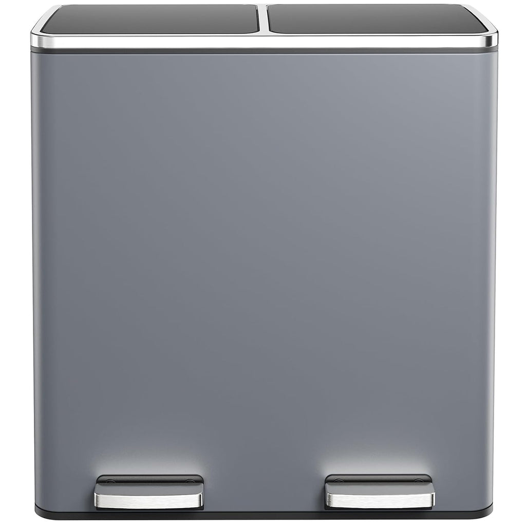 AthLike 60L(16 Gal ) Dual Trash Can, Stainless Steel Kitchen Garbage Can, Double Compartment Classified Rubbish Bin, Recycle Dustbin w/Plastic Inner Buckets, Handle, Soft-Close Lid, Airtight, Grey