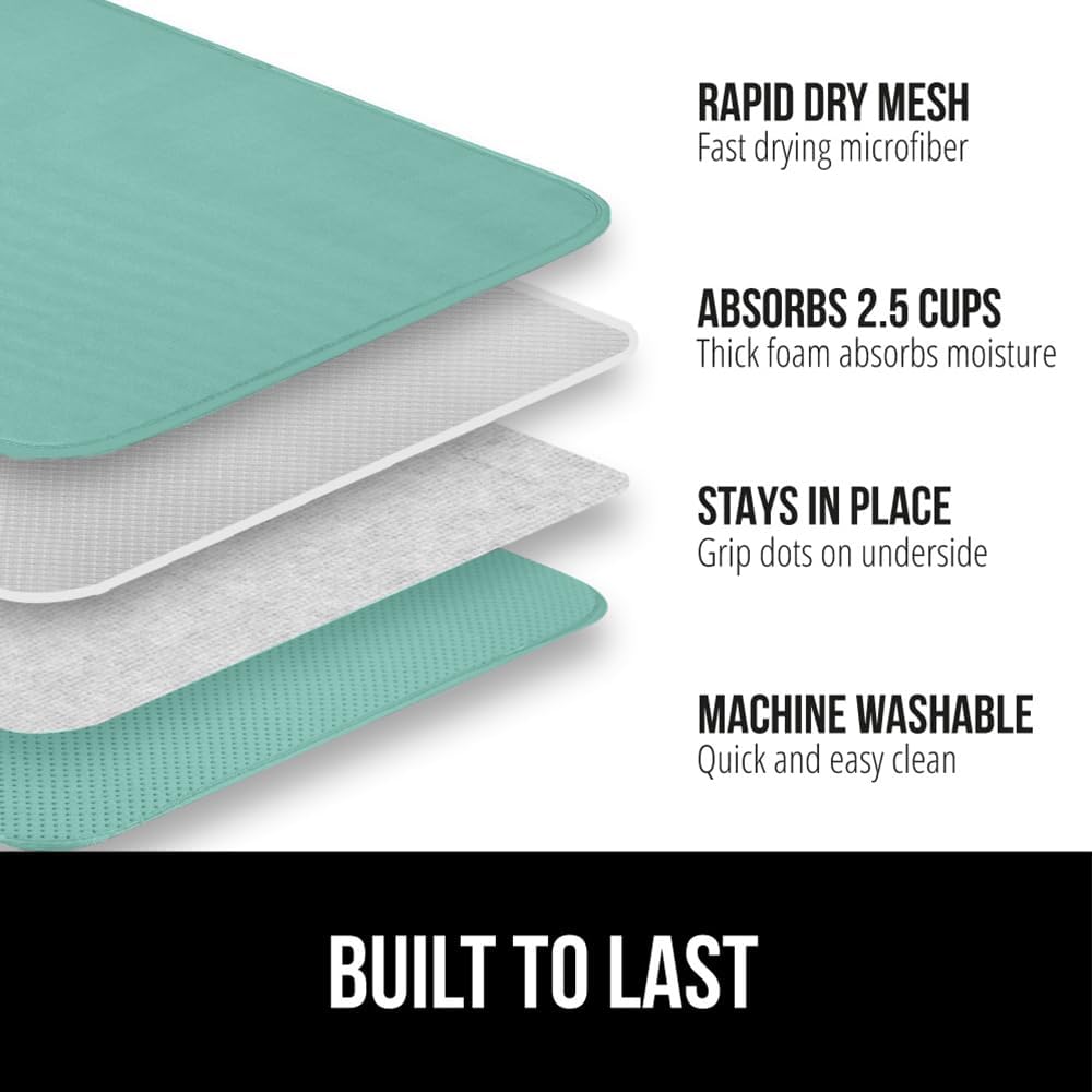 GORILLA GRIP Ultra Water Absorbent Microfiber Dish Drying Mat, Quick Dry Thick Mesh, Slip Resistant Pad for Sink Dishes or Under Rack, Kitchen Counter Accessories, 16x18, Machine Wash, 2 Pack Mint