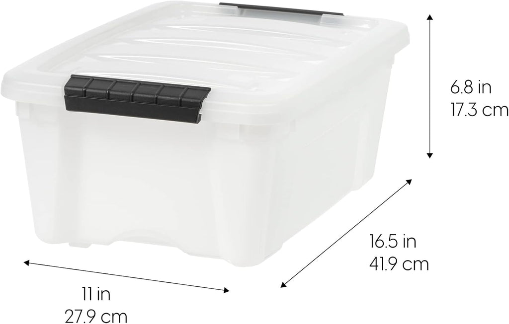 IRIS USA 13 Qt Stackable Plastic Storage Bins with Lids, 4 Pack - BPA-Free, Made in USA - Discreet Organizing Solution, Latches, Durable Nestable Containers, Secure Pull Handle - Pearl