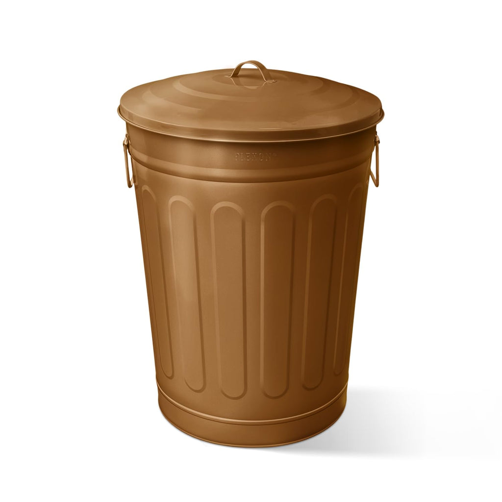 Plexon Round Trash Can 13 Gallon, Vintage Metal Outdoor Trash Can with Lid, Retro Farmhouse Garbage Container, Old School Modern Ash Bucket, Copper