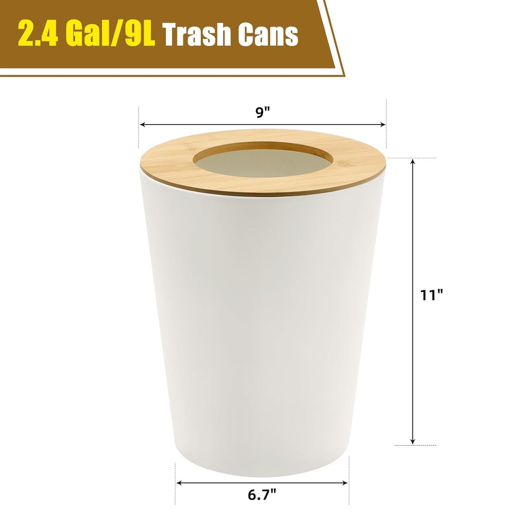 White Trash Can for Bedroom with Bamboo Lid, 2.4 Gallon Open Top Trash Can 2 Pack, Modern Aesthetic Garbage Can for Room Office Living Room, Small Bathroom Trash Bin Boho Style