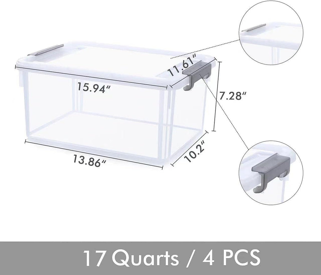 Citylife 17 QT Plastic Storage Bins with Latching Lids Stackable Storage Containers for Organizing Large Clear Storage Box for Garage, Closet, Kitchen, 4 Packs