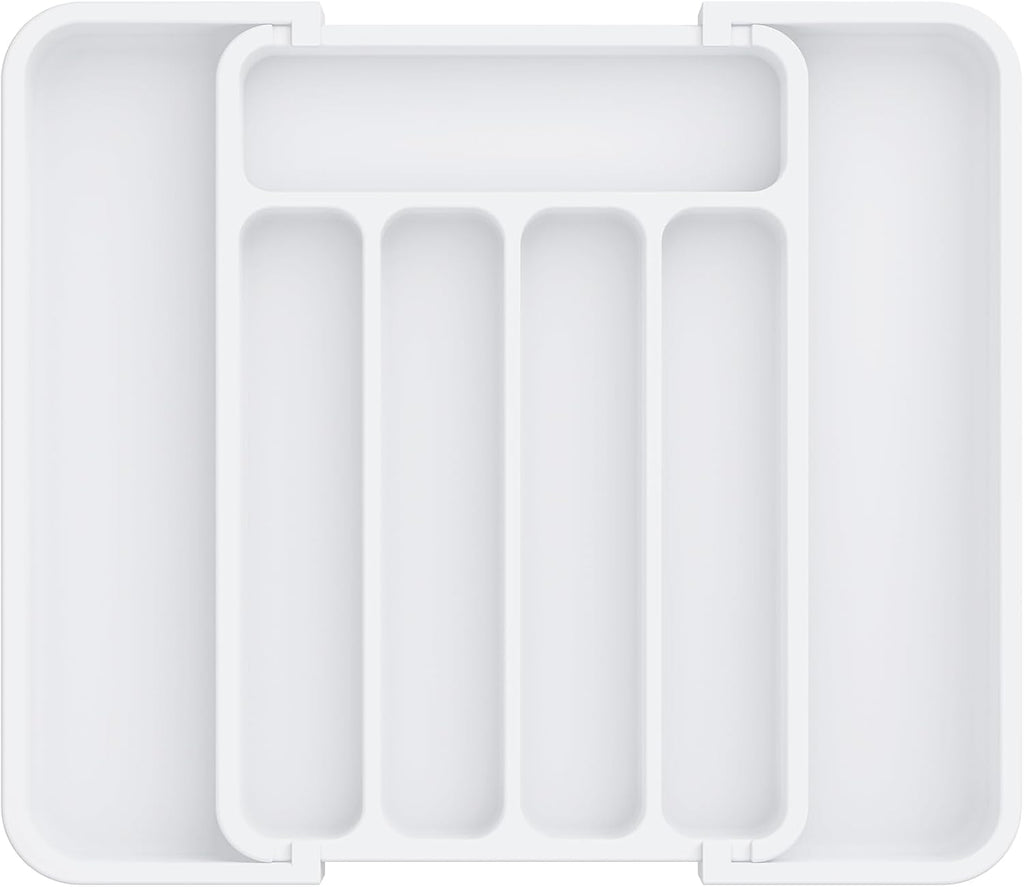 Aujen Silverware Organizer - Expandable Kitchen Drawer Organizer, Adjustable Utensil Organizer, Cutlery Tray for Forks, Knives, Multipurpose Kitchen Organizers and Storage Solution, White, Medium