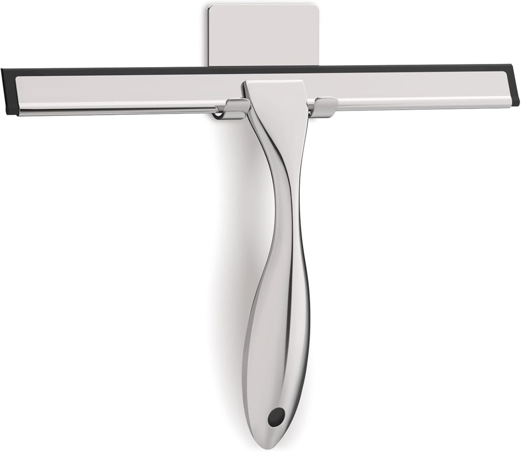 All-Purpose Stainless Steel Shower Squeegee for Glass Doors with Adhesive Hooks, Squeegee for Shower Glass, Bathroom Household Cleaner Tool for Window Mirror Tile Wall Car, 10 Inch Silver