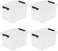 Set of 4 Plastic Latch Storage Bins with Wheels, 23 L Clear Latch Boxes with Stackable Lids