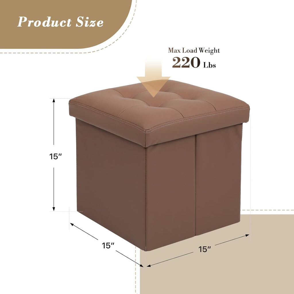 Athena Collection 15" Storage Ottoman Bench Folding Bench with 40L Hidden Storage, Small Cube Ottoman PU Leather Foot Rest Stool Chest with Flipping Lid for Living Room, Bedroom, Entryway, Brown
