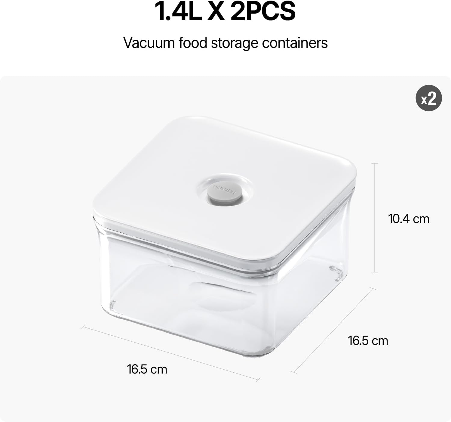 VAKUEN Premium Airtight Food Storage Containers, Square 2PC/Set(1.48qt/1.4Lx2pcs), Smart One-Click Seal Lid, No Hinges, 100% Leak Proof, BPA-FREE, Dishwasher, Freezer & Microwave Safe