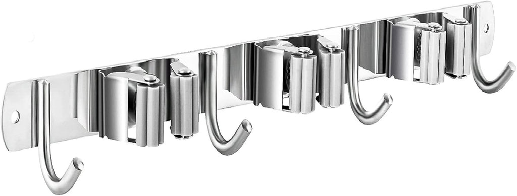 Mop and Broom Hanger Wall Mount, stainless steel Broom Hook Organizer Wall Mounted, Heavy Duty Mop Holder Storage Rack - 3 Racks 4 Hooks for hanging brooms and mops