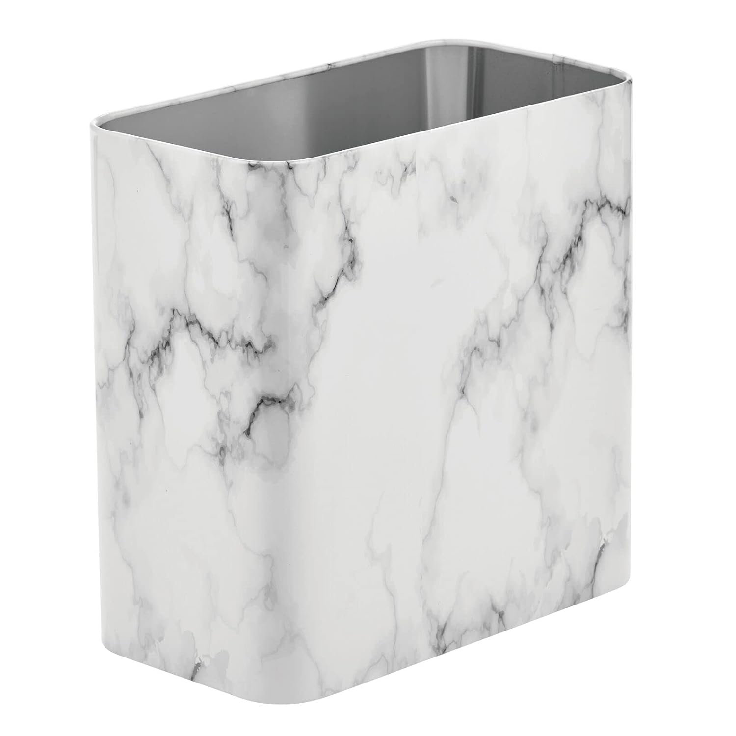 mDesign Metal Wastepaper Bin — Compact Rectangular Bathroom Bin — Rubbish Basket for Home and Office — Marble Coloured