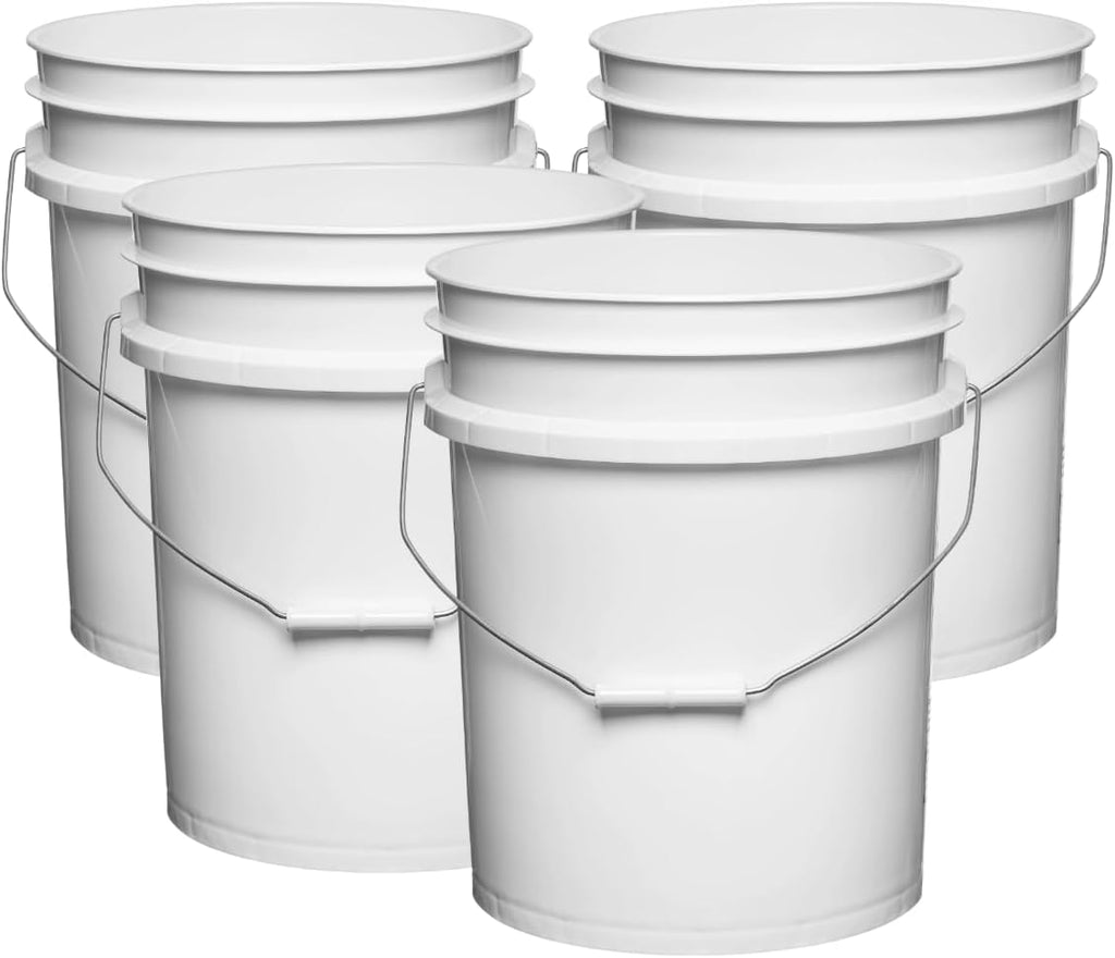 House Naturals 5 Gallon Premium HPDE Plastic Bucket - Made in USA Food Grade Storage Container, BPA Free All Purpose Pail (4, White)
