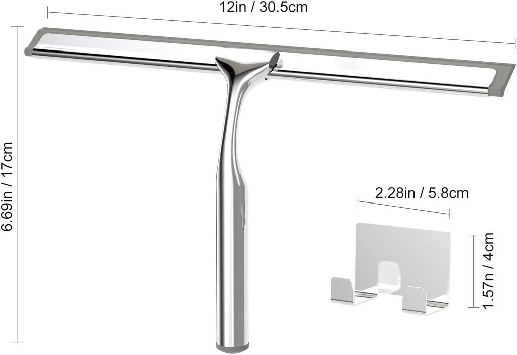 Shower Squeegee for Glass Doors, Squeegee for Shower Glass, Bathroom with Hook, Stainless Steel, 12-Inch Wide Blade for Efficient Cleaning, Perfect for Shower Glass,Tile Walls and Mirrors, Chrome
