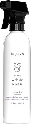 Begley's 3-in-1 Wrinkle Remover, Quick Fix Wrinkle Release, Static Cling Remover, Odor Eliminator and Fabric Refresher Spray - USDA Certified Biobased - Lavender, 16 oz