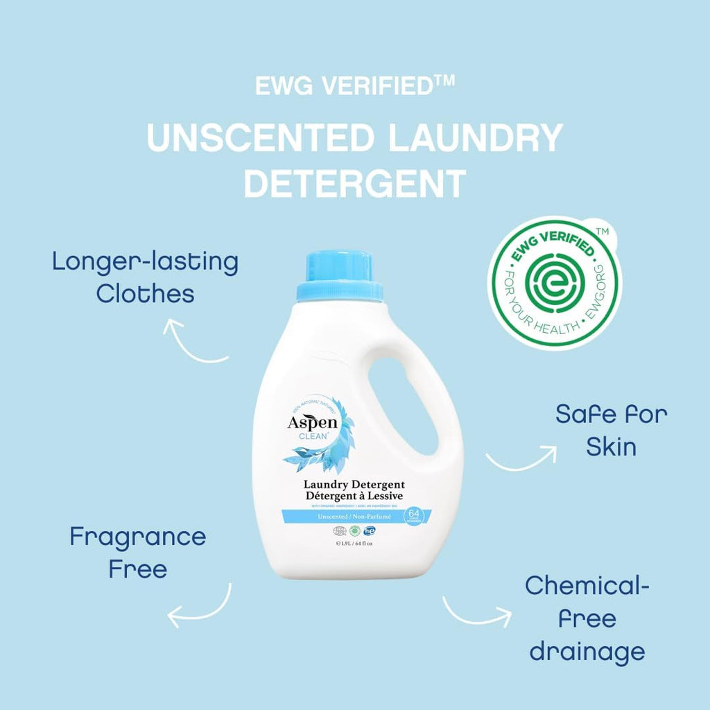 AspenClean Natural Laundry Detergent Unscented - 100% Natural, Organic, HE Liquid Laundry Detergent- Vegan, Non-Bio, Cruelty-Free, Biodegradable - Safe for Babies, Pets & Kids - EWG Certified (2 pack)