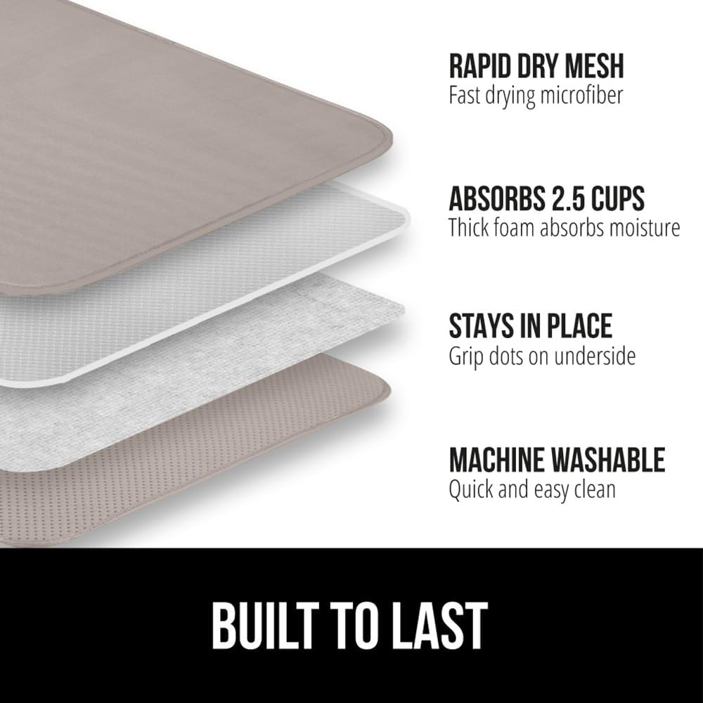 GORILLA GRIP Ultra Water Absorbent Microfiber Dish Drying Mat, 18x32, Quick Dry Thick Mesh, Slip Resistant Pad for Sink Dishes or Under Rack, Kitchen Counter Accessories, Machine Wash Mats, Almond