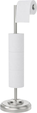 Toilet Paper Holder Stand with Storage – 4 Extra Rolls –Brushed Nickel Toilet Paper Holder for Bathroom – Sturdy Base, Classic Retro Style, Space-Saving Bathroom Storage Organizer, Sliver