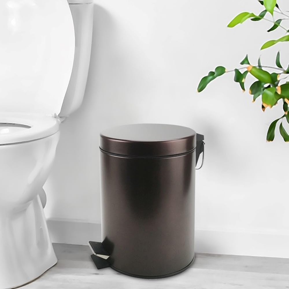 Stainless Steel Small Trash Can with Lid & Step Pedal - 5 Liters/1.3 Gallon Soft Close Waste Basket with Removeable Inner Bucket - Garbage Can for Bathroom, Bedroom, Kitchen & Office (Bronze)