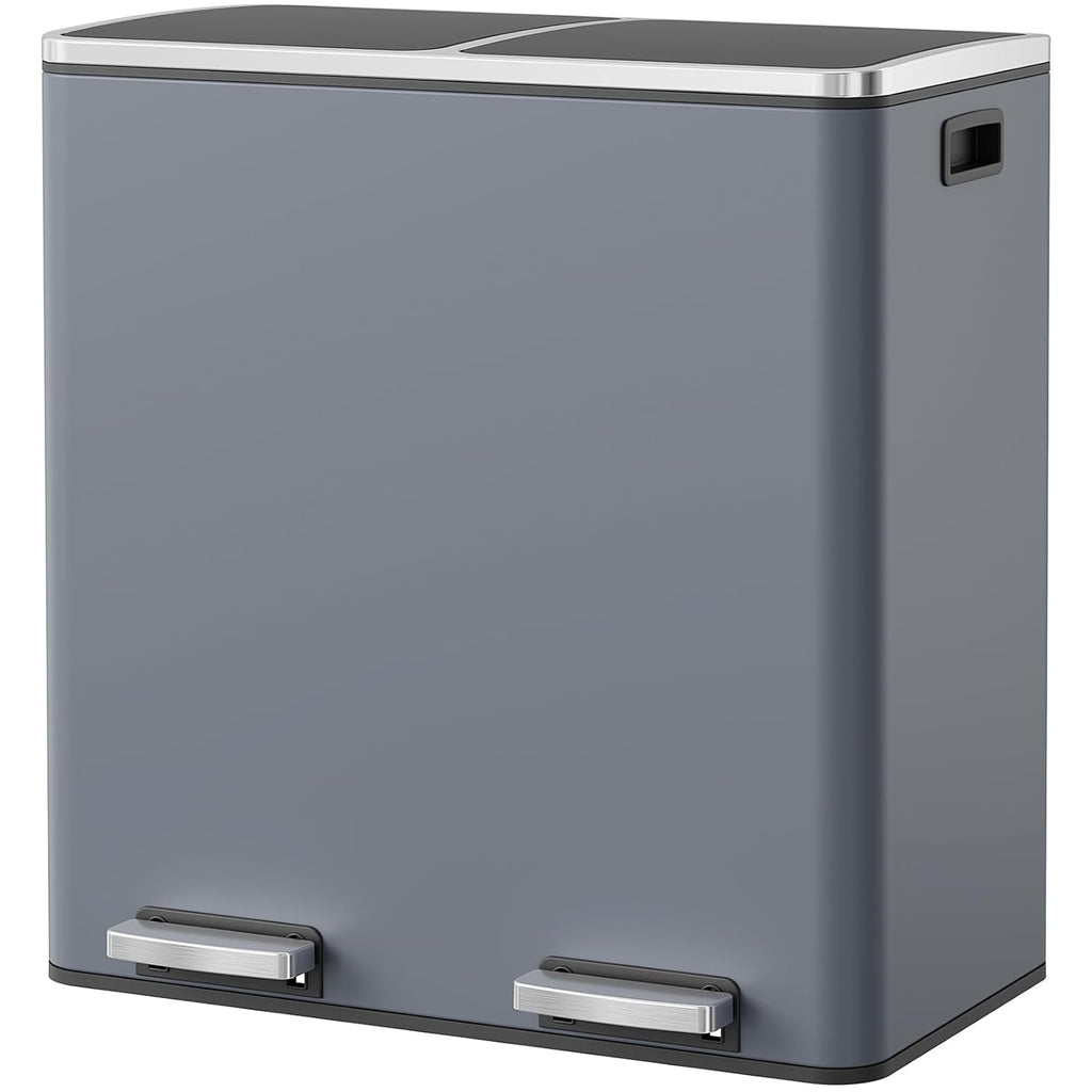 Arlopu 16 GallonStainless Steel Trash Can, 60L Dual Compartment, Metal Kitchen Step Recycle Bin, Metal Double Dustbin, in-Home Garbage Rubbish Can W/Removable Liner Buckets (Grey)