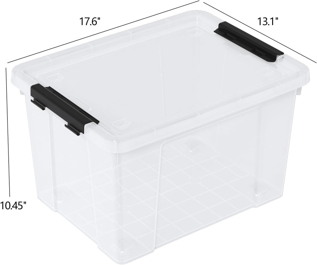 Set of 4 34 L Stackable Plastic Storage Bins with Latching Lids and Wheels, Clear Home Organization Container Box, See-Through