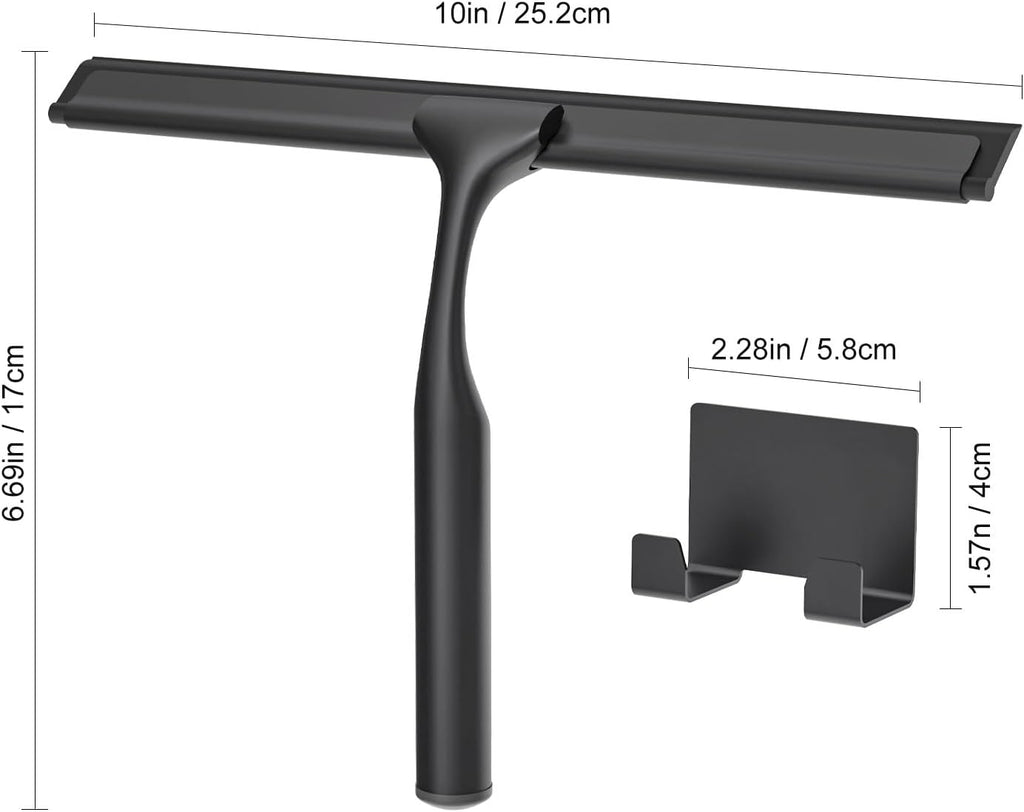 Stainless Steel Shower Squeegee for Glass Doors, Multi-Purpose Squeegee for Shower Glass, Bathroom and Car Windows, Squeegee with Adhesive Hook-10”, Black