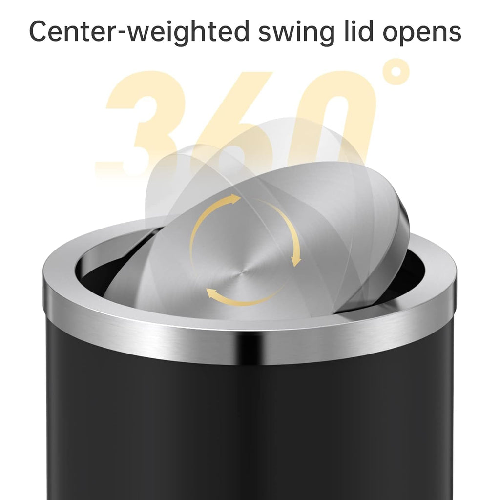 Mbillion Small Trash Can with Swing Lid 4 Gallons/15 Liter, Mini Trash Can with lid, Stainless Steel Cylindrical Garbage Can for Home and Office, for Ground and Desktop(Black)