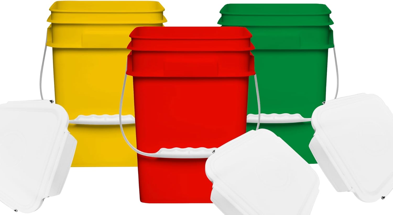 House Naturals 4 Gallon Square Food Grade Bucket Pail with Plastic Handles and Lid (Pack of 3) Made in USA containers (Yellow-Green-Red)