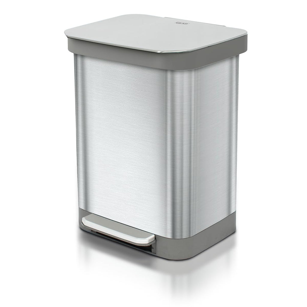 Glad Stainless Steel Step Trash Can, Series 2 with Clorox Protection - Large Metal Kitchen Garbage Bin with Soft Close Lid, Foot Pedal and Waste Bag Roll Holder, 13 Gallon