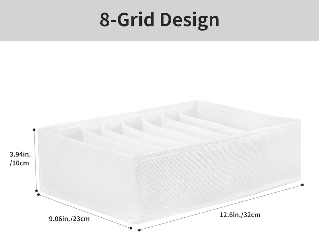 4 Packs T-shirt Drawer Organizers for Clothing,8 Grids Compartment Wardrobe Storage Box, Washable Clothes Organizer for Folded Clothes, T-shirt, Legging, Silk Scarve-White