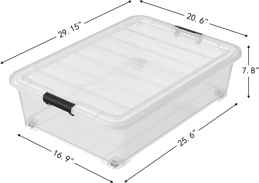 50 Quart Multipurpose Under Bed Storage Container Bins with Secure Latch Lid & Wheels, Underbed Storage Organizer Box, 3-Pack, Clear