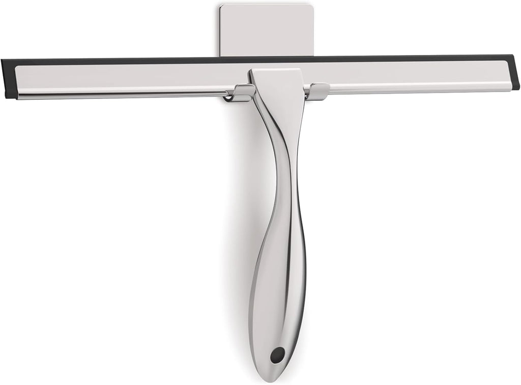 All-Purpose Stainless Steel Shower Squeegee for Glass Doors with Adhesive Hooks, Squeegee for Shower Glass, Bathroom Household Cleaner Tool for Window Mirror Tile Wall Car, 12 inch, Silver