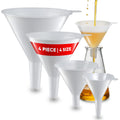 Plastic Funnel for Automotive Use - Kitchen Funnels for Filling Bottles, Jars, Containers or Lab Use - Oil Funnel for Gas, Car Oil, Lubricants and Fluids (White-4 Pack)