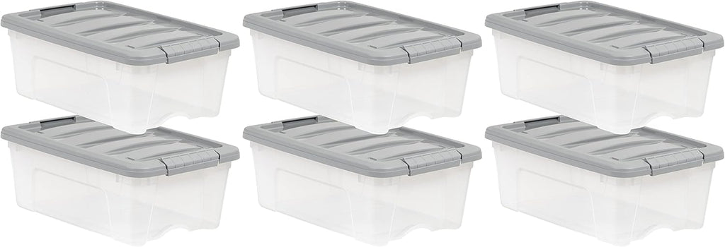 Amazon Basics Plastic Storage Containers with Secure Latching Lids, Stackable Organization Bins, Clear/Grey, 12 Quart, Set of 6