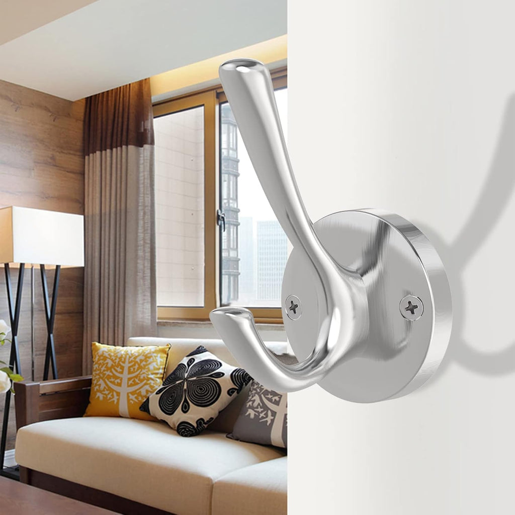 Brushed Nickel Wall Hooks, 6 Pack Coat Robe Hook Heavy Duty Metal Double Bath Hook Wall Mounted, Hand Towel Hooks for Cubicle Bathroom Kitchen Closet Garage