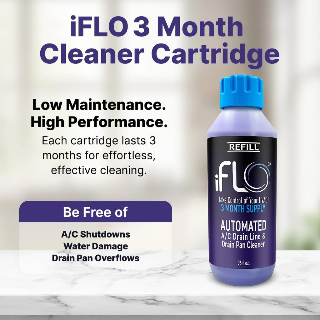 iFLO® Smart A/C Drain Line Cleaner and Drain Pan Cleaner Cartridge, Fast-Acting, Long-Lasting HVAC System Solution for Tough Clogs & Buildup, 3-Month Supply per Bottle, 3 Pack of 36oz