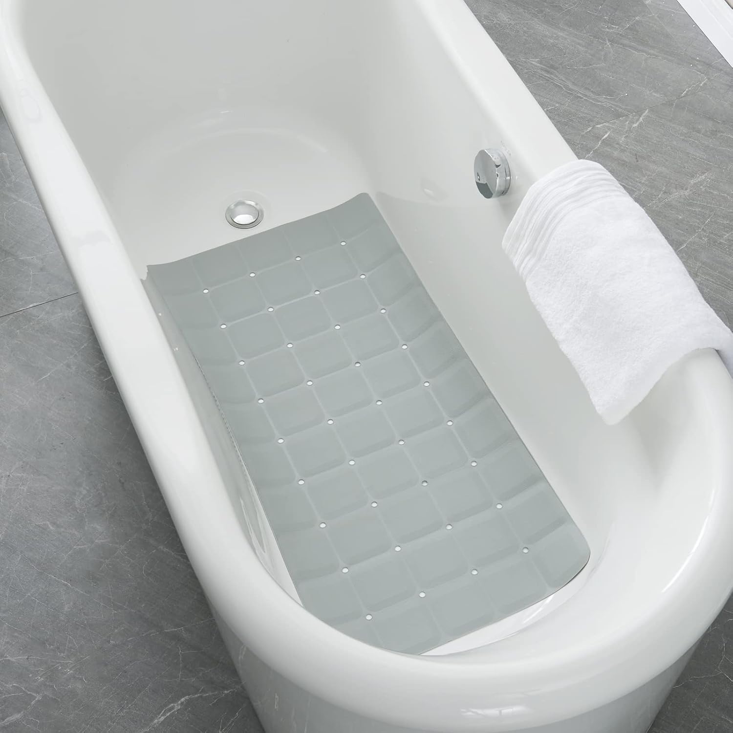 Foldable Silicone Bathtub Mat: Jumbo Size Heavy Duty Safety Bath Mat for Tub Without Suction Cups Non Slip Bath & Shower Mat for Textured, Reglazed, Refinished Tub (Grey, 35.8 x 17.7)