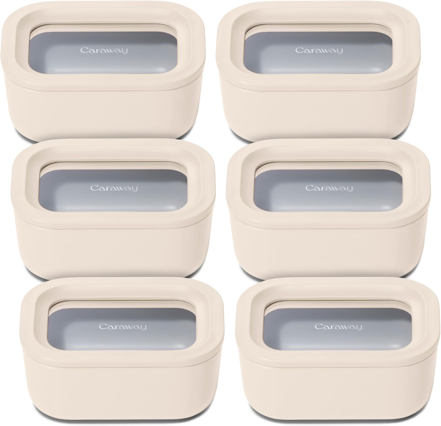 Caraway 6pc Glass Food Storage Set - 2.6 Cup Storage Containers For Food (6) - Non-Toxic Ceramic-Coated Glass - Air Release Technology - Compact & Stackable Design - Cream