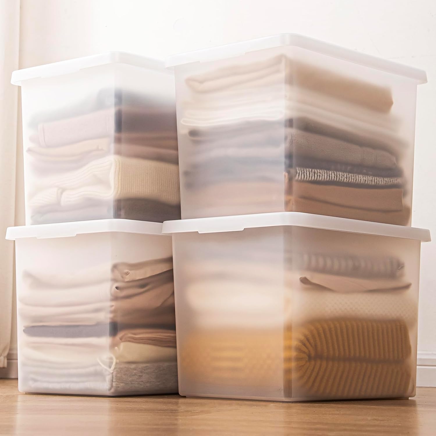 Stackable Plastic Storage Bins with Lids,Container to Organize Shoes and Crafts on Closet Shelves,Garage, Totes, Tubs Boxes Organizing 4 Pack (N-4XXL)