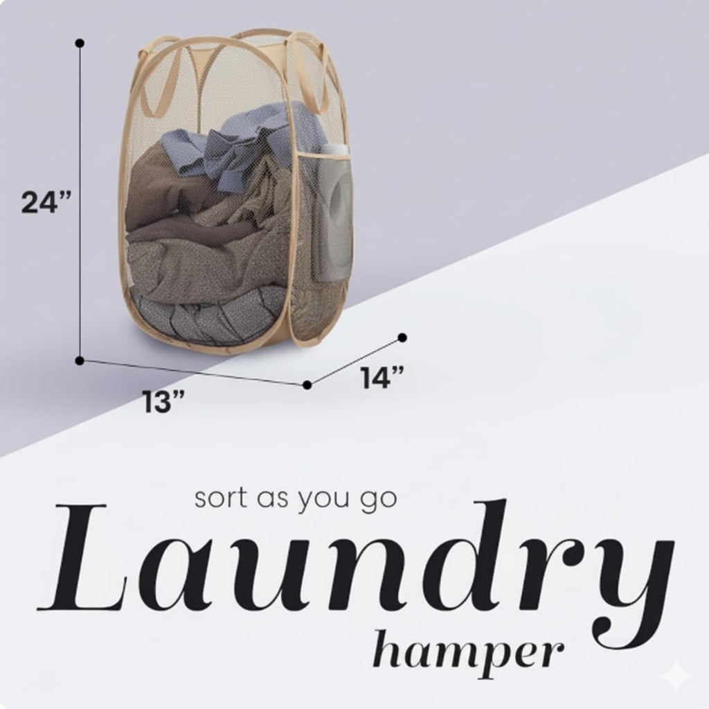 Handy Laundry Collapsible Mesh Pop Up Hamper with Wide Opening and Side Pocket - Breathable, Sturdy, Foldable, and Space-Saving Design for Clothes and Storage (Beige)