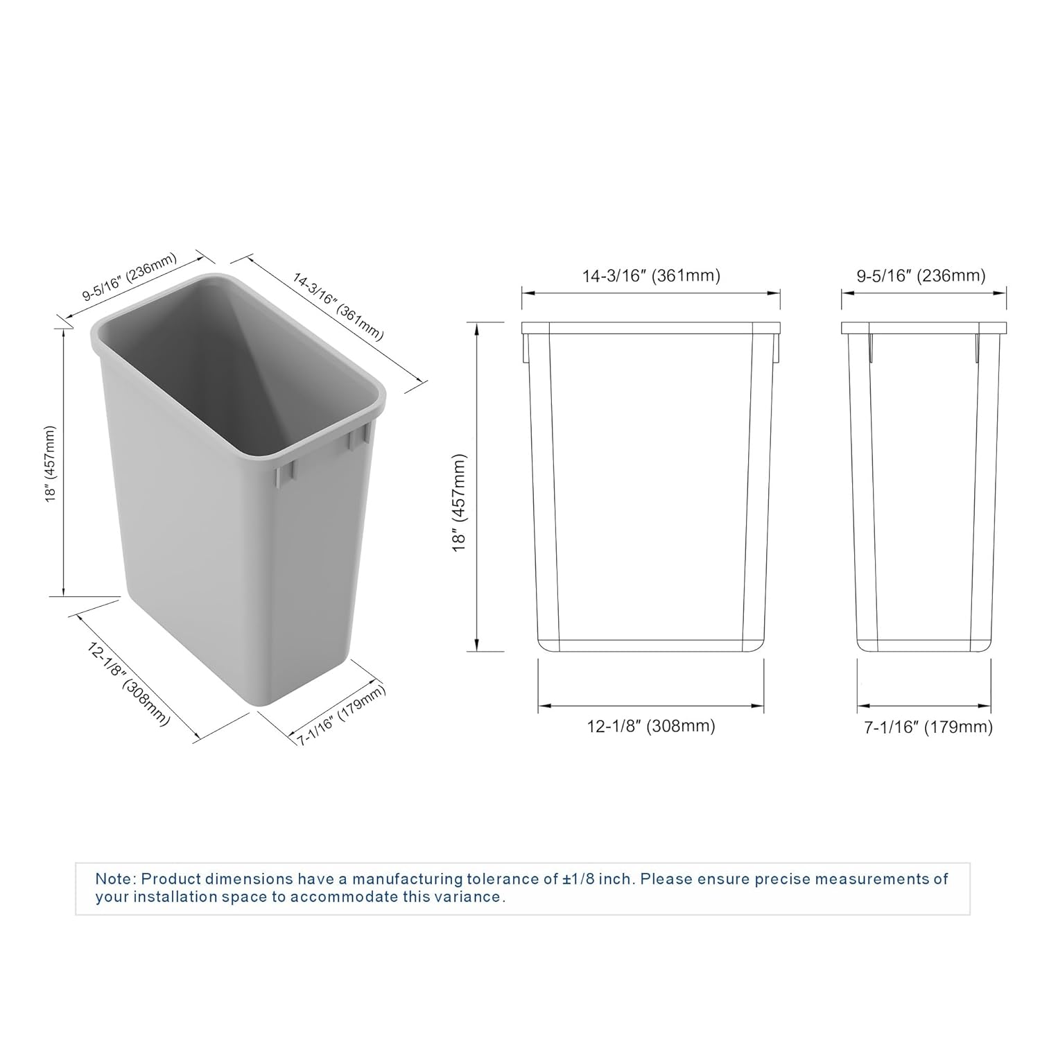 Dowell 35L Wastebasket Trash Container, 37Qt/9.2Gal, Plastic, Stackable, for Kitchen/Bathroom/Office, Fits Under Sink/Desk (Grey 4000 35 04)