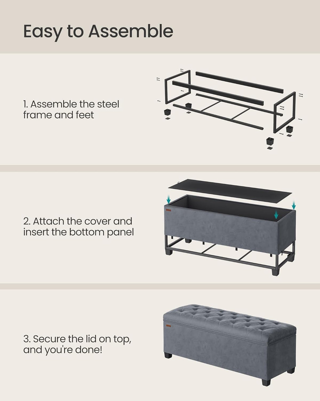 SONGMICS Velvet Storage Ottoman Bench, Foot Rest with Legs, 15.7 x 43 x 15.7 Inches, End of Bed Bench, Storage Chest, Load up to 660 lb, for Living Room, Bedroom, Entryway, Slate Gray ULSF089G01
