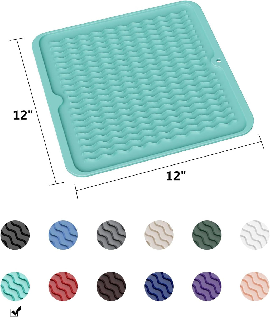 ZLR Silicone Dish Drying Mat for Kitchen Counter, Eco-Friendly Fast Dry Dish Mat, Easy Clean Multi Usage Drying Matt, Heat Resistant Trivet, 12" x 12" Middle, Mint Green