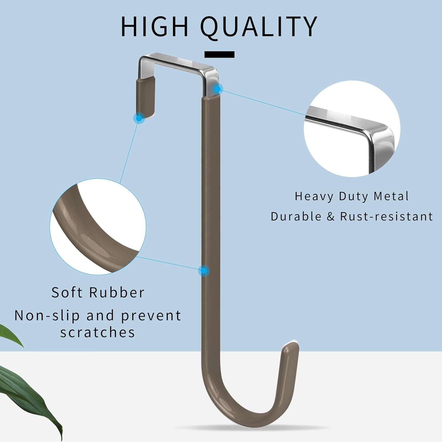 FYY Over The Door Hooks, 4 Pack Upgraded Long Door Hangers Hooks with Rubber Prevent Scratches Heavy Duty Organizer Hooks for Hanging Clothes, Towels, Hats, Coats, Bags Brown