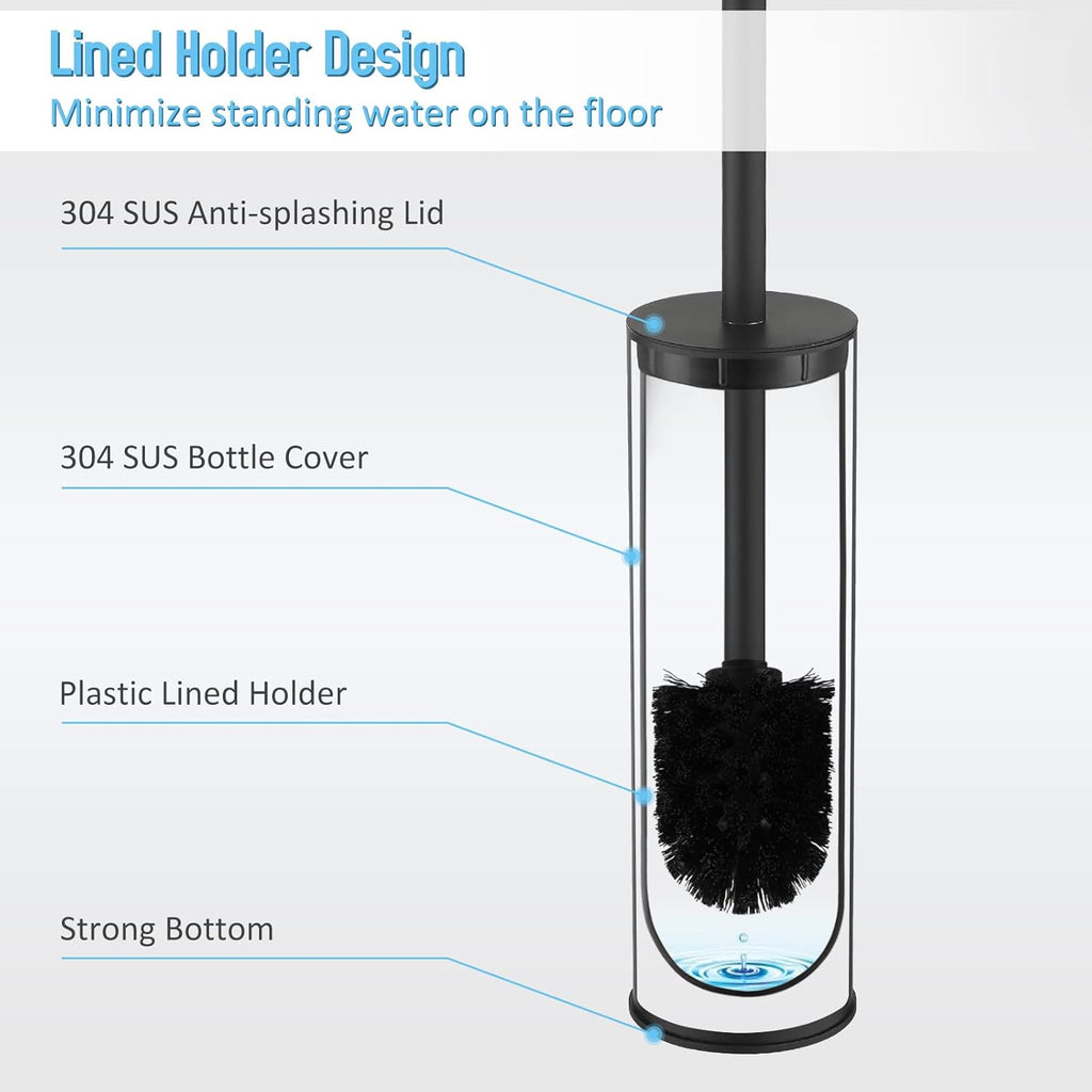 Toilet Brush and Holder Set Black Stainless Steel, 304 Heavy Duty Round Toilet Brush Set – Rust Resistant, Long Handle, Replacement Heads, Floor Standing Bathroom Toilet Cleaning Brush