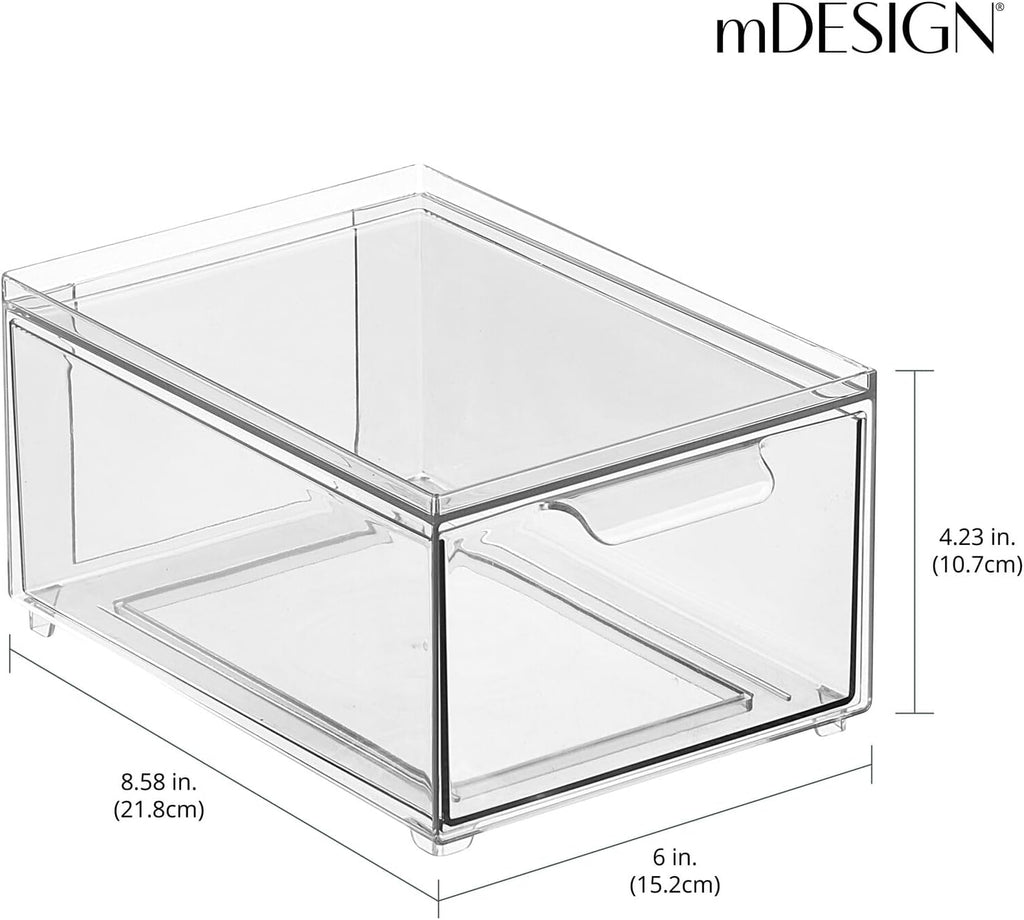 mDesign Stackable Storage Containers Box with Pull-Out Drawer - Stacking Plastic Drawers Bins for Kitchen Pantry and Cupboard, Cabinet, Counter, Island and Tables - Lumiere Collection - 4 Pack - Clear