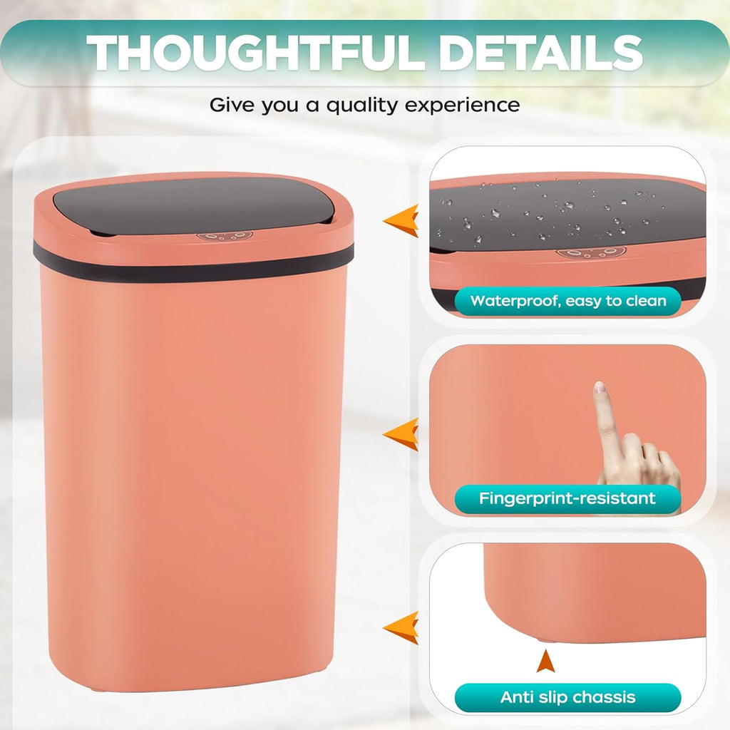 Automatic Motion Sensor Bathroom Trash Can with Lid, 13 Gallon Touchless Trash Bin, Smart Dog Proof Garbage Can, Touch Free Waste Basket for Toilet, Office, Bedroom,Pink