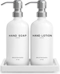 White Glass Soap and Lotion Dispenser Set by Brighter Barns - Bathroom Soap Dispenser Set Tray - Liquid Hand Soap Dispenser Pump - Modern Bathroom Accessories for Guest, Hotel, Spa, Restaurant (White)