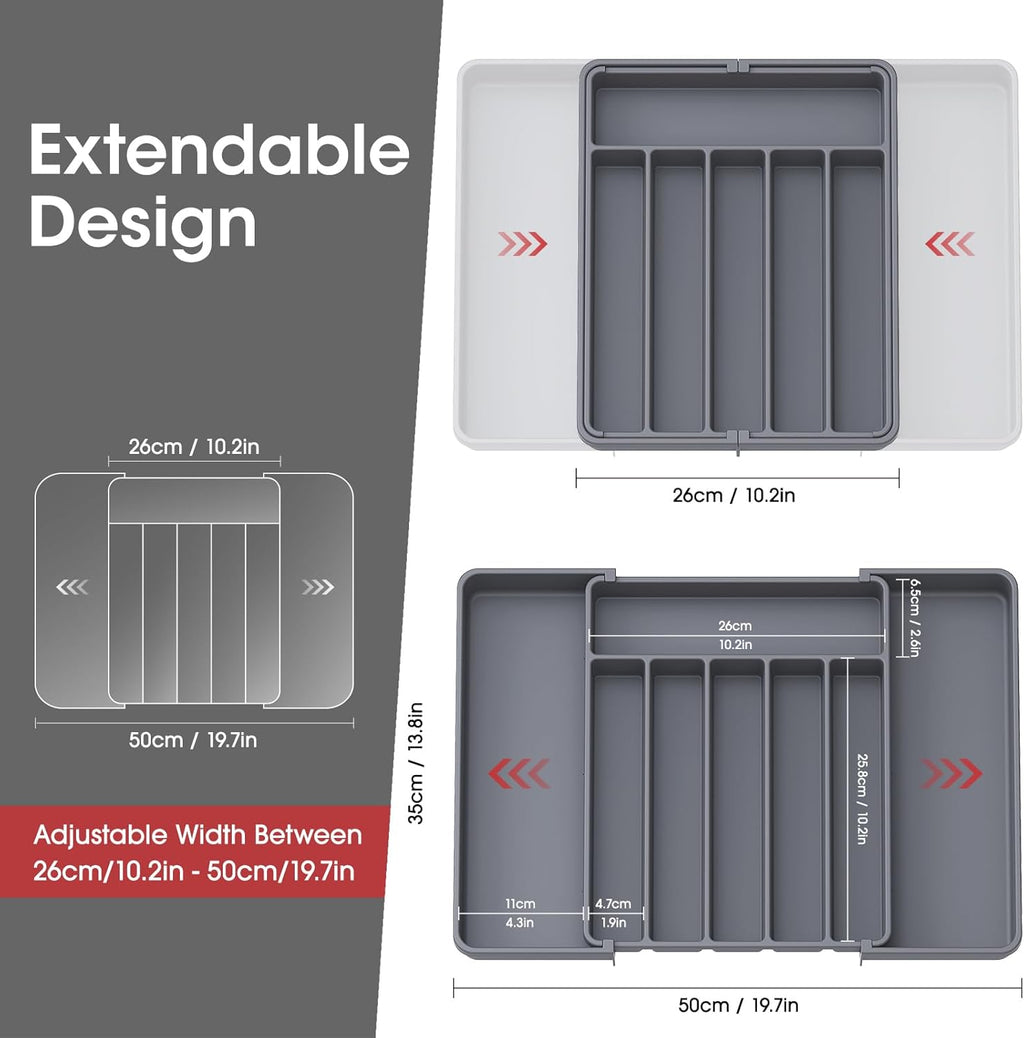 Aujen Silverware Organizer - Expandable Kitchen Drawer Organizer, Adjustable Utensil Organizer, Cutlery Tray for Forks, Knives, Multipurpose Kitchen Organizers and Storage Solution, Grey, Large