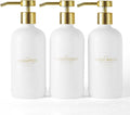 Shampoo and Conditioner Dispenser Set of 3,Refillable 20.5OZ Shampoo Bottles with Non-Slip Protective Silicone Pad,Shower Soap Dispenser with Waterproof Labels for Bathroom (White)