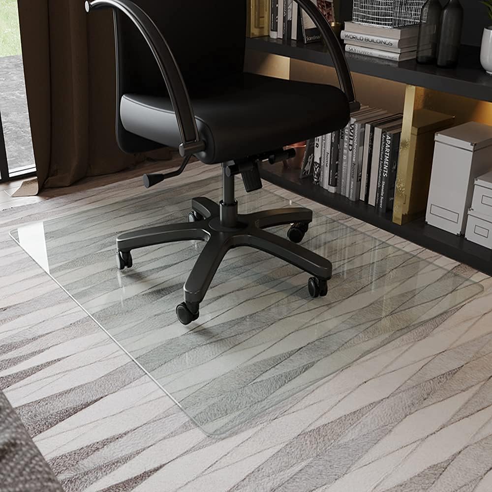 GLSLAND 36" x 46" Tempered Glass Chair Mat Heavy-Duty Floor Protector for Carpet & Hard Floors Scratch-Resistant Clear Office Mat 1/6" Clear