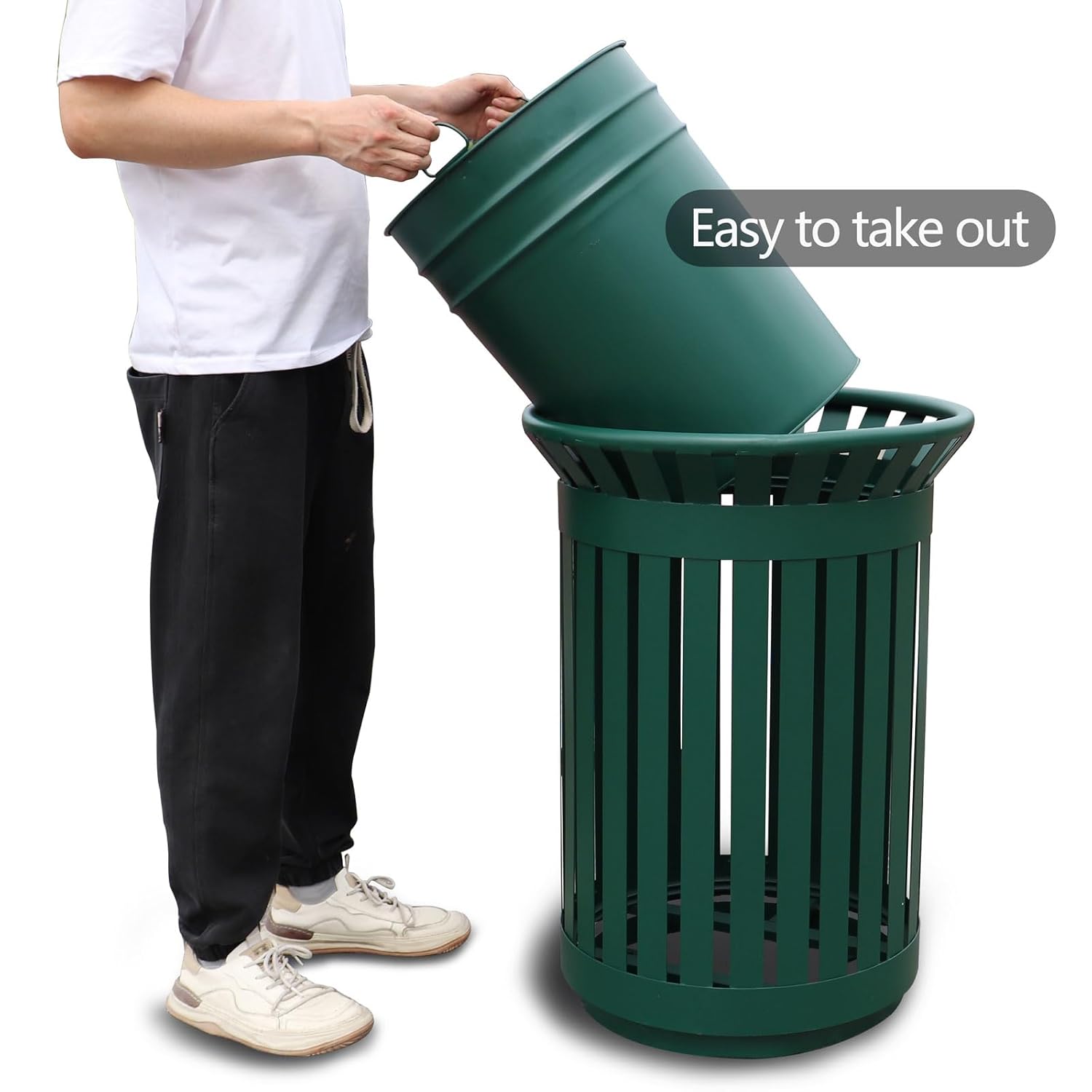 Outdoor Metal Slatted Trash Receptacle,Waste Receptacle，Commercial Trash Cans,Zone Round Garbage Bin,Square Hotel Street Patio Indoor Metal Stan (Big-Green)
